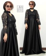 پیراهن مجلسی زنانه مشکی ساتن LX و گیپور پولک‌دوزی | مدل پناه | سایز 38 تا 60 - تصویر 2